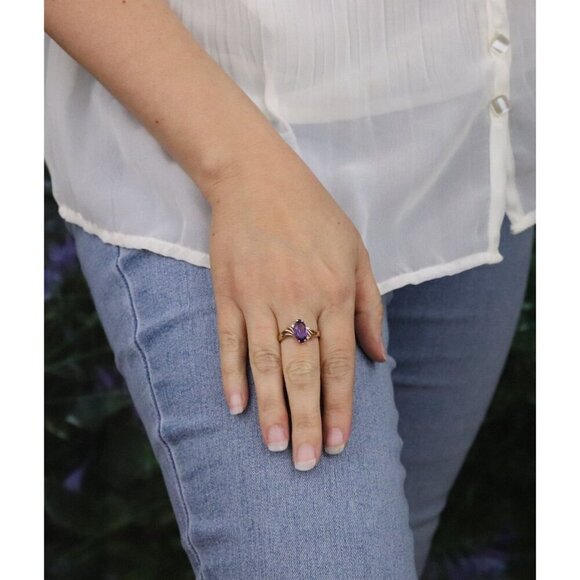 14k Yellow Gold Natural Amethyst and Diamond Ring Size 8 - Picture 4 of 7